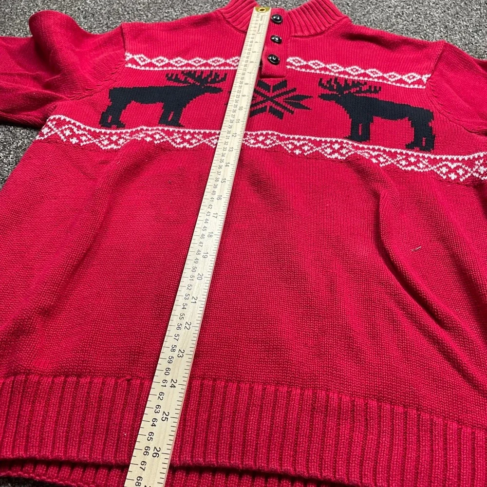 Chaps Mens Red Fair Isle Moose Snowflake Quarter Button Mock Neck Sweater L
